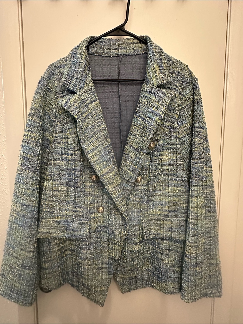 SHEIN Blue and Green Womens Tweed Double-Breasted Blazer